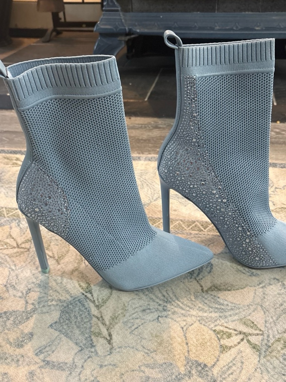 Women's Light Blue Knit Stiletto Sock Boot with Crystal Accents